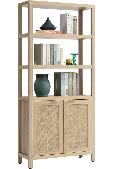 Farmhouse Bookcases, Long Narrow Living Room, Bedroom Library, Bookcase With Doors, Large Bookshelves, Tall Shelves, Large Bookcase, Tall Bookcase, Narrow Living Room