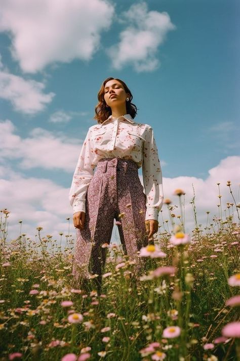 Garden Shoot Photography, Photoshoot In Garden, Flower Garden Photoshoot, Garden Photoshoot Ideas, Garden Character, Prairie Fashion, Banquet Outfit, Outdoor Fashion Photography, Standing In A Field