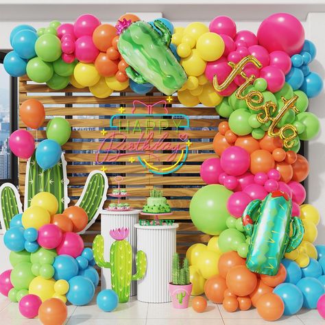 PRICES MAY VARY. 【What You Will Get】:31pcs hot pink balloons,20pcs orange balloons,30pcs yellow balloons,31pcs green balloons,20pcs blue balloons,2pcs cactus foil balloons,1pcs fiesta foil balloons,1pcs balloon arch strip tape,1 roll of 100 dot glue. 【Premium Materials】:Our cactus birthday party balloons are made of natural latex, non-toxic. All materials are of high quality and good safety. Please be careful not to overinflate the balloons,or they will be pop and burst easily. 【Wide Application Fiesta Balloon Arch, Fiesta Theme Party Decorations, Mexican Fiesta Party Decorations, Giant Cactus, Tropical Party Decorations, Mexican Fiesta Party, Fiesta Birthday Party, Fiesta Party Decorations, Luau Theme Party