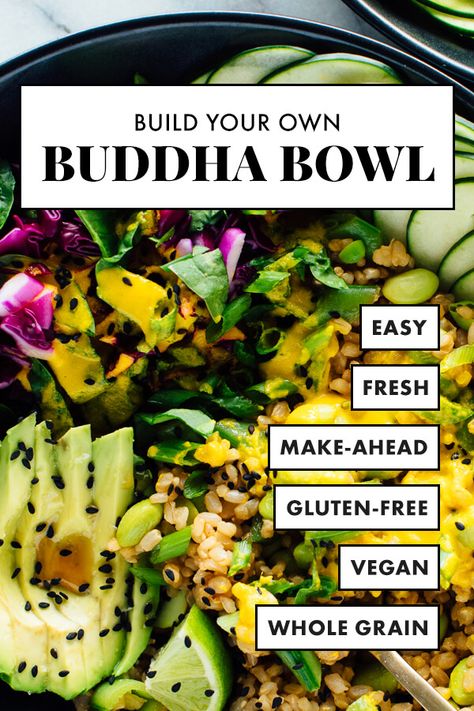 The ULTIMATE Buddha bowl recipe, featuring cooked brown rice, steamed and raw veggies, avocado and an addictive carrot-ginger sauce. These make for great leftovers! (Got leftover veggies? Build your own Buddha bowl with this recipe!) #cookieandkate #healthyrecipe #freshrecipe #vegan #vegetarian Veggie Lettuce Wraps, Buddha Bowl Recipe, Carrot Ginger Dressing, Leftover Veggies, Cookie And Kate, Raw Veggies, Buddha Bowls Recipe, Pastas Recipes, Small Cucumber