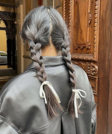 Pigtail Braids, Ribbon Hairstyle, Adam Sandler, Young Justice, Dream Hair, Mode Inspo, Grey Hair, Hairstyles For School, Aesthetic Hair