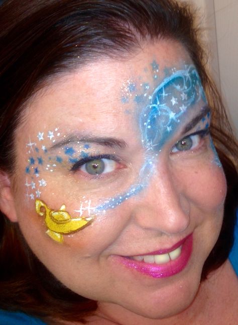 Aladdin lamp genie face paint by Amanda Nelson of Amazing Face by Amanda Nelson Orlando FL Aladdin Face Paint, Jasmine Face Paint, Disney Character Face Paint, Disney Halloween Makeup, Disney Face Painting, Princess Face Painting, Eye Face Painting, Witch Eyes, Adult Face Painting