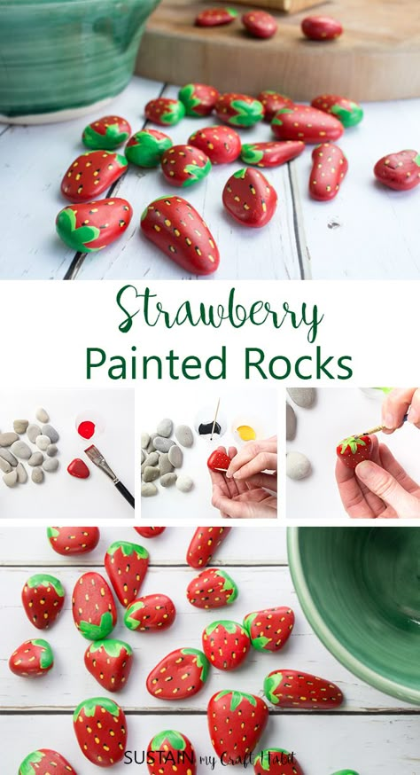 Sweet Strawberry Painted Rocks – Sustain My Craft Habit Paint Rocks For Garden, Painting Strawberries, Painted Strawberry Rocks, Painted Strawberries, Strawberry Diy Decor, Strawberry Craft, Strawberry Activities, Strawberry Stones, Rock Painting Ideas Strawberries