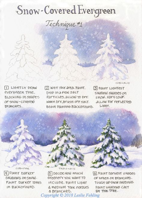 Everyday Artist: How to Paint a Snow-Covered Evergreen Tree - Technique #1 Western Pennsylvania, Below Zero, Watercolor Tips, Some Nights, Painting Snow, Winter Watercolor, Watercolor Christmas Cards, Winter Painting, Watercolor Painting Techniques