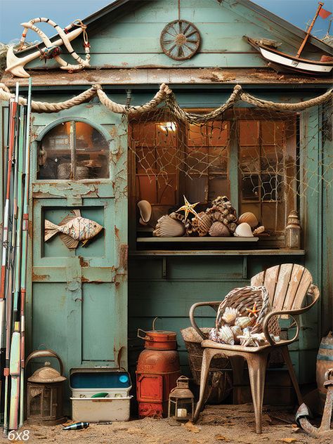 Coastal Fisherman's Shack Photography Backdrop - Coastal fisherman's shack photography backdrop with weathered wood and nautical decorations Beach Shed Surf Shack, Cajun Decorations Ideas, Fisherman Shack, Beach Shack Interior, Vintage Fishing Decor, Cajun Decor, Surfer Shack, Old Shack, Bishop Museum