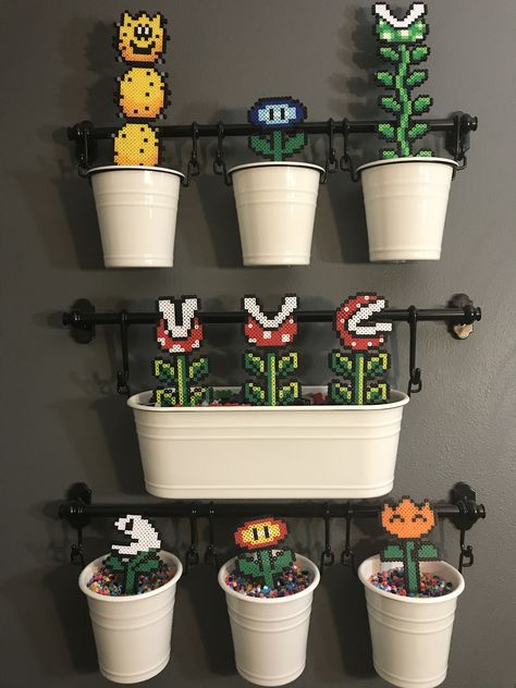 Perler Bead Bedroom Decor, Mario Room Decor Ideas, Movie Themed Living Room Ideas, Super Mario Game Room, Perler Beads Decoration, Gamer House Decor, Diy Geek Decor, What To Do With Perler Beads, Perler Beads Decor