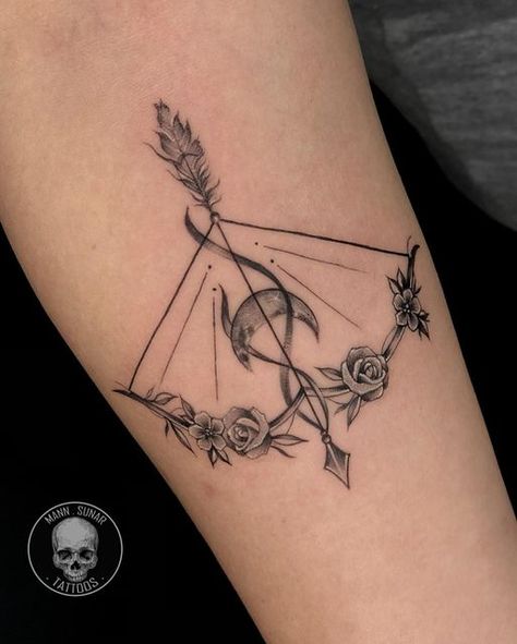 Saggitarius Tattoo Unique, Alpha Tattoo, Tattoo Sagittarius, Artemis Tattoo, Cute Halloween Tattoos, Side Thigh Tattoos, Canadian Style, Shin Tattoo, Flower Tattoo Ideas