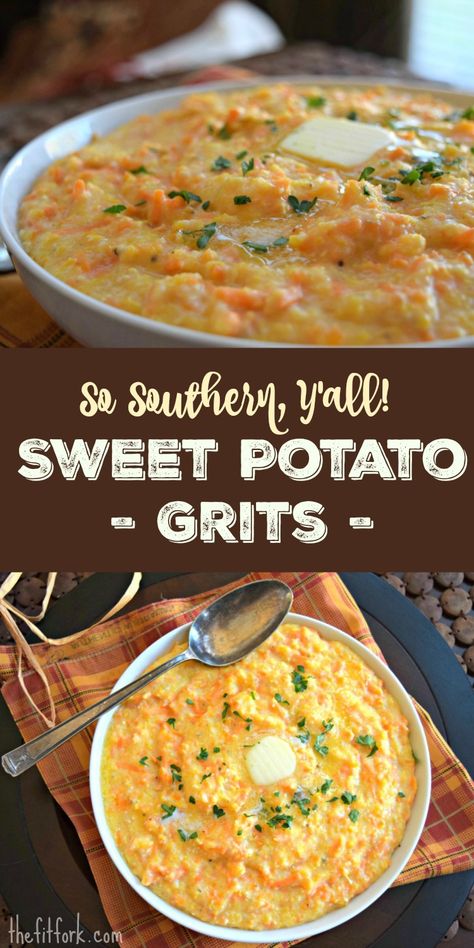 Sweet Potato Polenta, Grits And Veggies, Grits Toppings, Vegetarian Grits Recipes, Healthy Southern Food, Unique Grits Recipe, Sweet Grits Recipe, Sweet Grits Recipe Desserts, Sweet Potato Grits Recipe