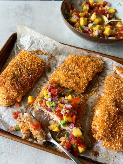 Coconut Crusted Halibut, Coconut Crusted Cod, Coconut Fish Recipes, Coconut Crusted Mahi Mahi, Marlin Fish Recipes, Crusted Fish Recipes, Fish With Mango Salsa, Coconut Crusted Fish, Seafood Extravaganza