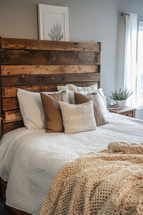 "Elevate your sleep space with a DIY Pallet Wood Headboard! 🛠️🛏️ Perfect for adding a rustic, handmade touch to your bedroom decor. 🌟✨ #PalletProjects #RusticBedroom #DIYHomeProjects" Pine Headboard Diy, Diy Headboard Ideas Easy Cheap, Wooden Headboard Diy, Bunkhouse Remodel, Pallet Wood Headboard Diy, Diy Headboard Ideas Easy, Handmade Headboard, Rustic Headboard Diy, Herringbone Headboard