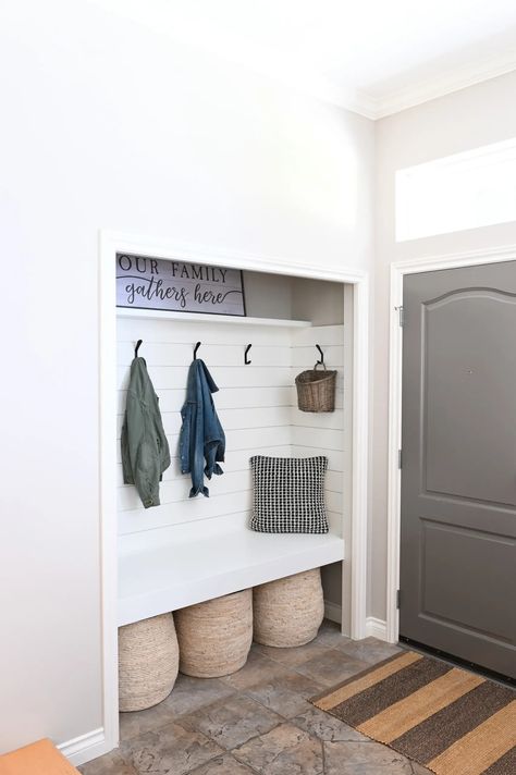 A DIY mudroom closet. A reader needed help creating an organized entryway to conceal her shoes and coats. Here is my design plan to makeover this space. #mudroom #entryway Organized Entryway, Family Room Paint Colors, Family Room Paint, Mudroom Closet, Front Closet, Diy Farmhouse Style, Entryway Closet, Diy Mudroom, Hallway Closet