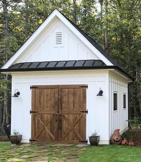 Shed Addition Ideas Exterior, Shed With Stone Veneer, Farmhouse Shed Exterior, Small Garage Plans, Wooden Sheds Ideas Backyards, Backyard Garage Ideas, Shed Addition Ideas, Shed With Garage Door, Outdoor Shed Ideas