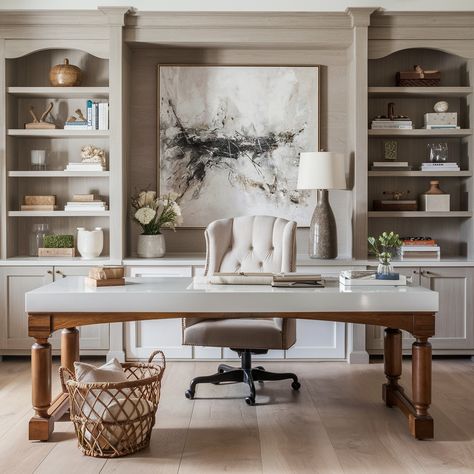 A Beautiful & Practical Home Office Design💖💖💻🖨 Mediterranean Office, Transitional Office Design, Women Home Office Ideas, Practical Home Office, Designer Home Office, Bonus Room Office, Feminine Home Office Ideas, Transitional Office, Office Redo