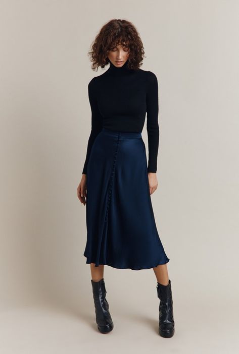 Eva Navy Satin Midi Skirt | Ghost London Navy Blue Midi Skirt Outfit, Navy Slip Skirt Outfit, Navy Silk Skirt Outfit, Navy Satin Skirt Outfit, Silk Outfit Classy, Blue Silk Skirt Outfit, Navy Midi Skirt Outfit, Blue Satin Skirt Outfit, Blue Midi Skirt Outfit