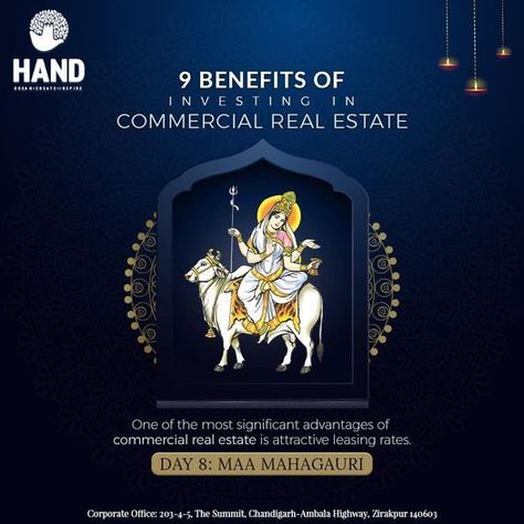 May there be a Power of Intellect and Peace! On the Eighth Navratri, Hand Group prays to Goddess Mahagauri to shower her blessings on each one of us. #Hand #HappyNavratri #Navratri #ShubhNavratri #Himachal #HandGroup #Nature #CommercialRealEstate #RealEstateBenefit #ZirakpurRealEstate #Mohali #HANDProject #HandMudras #Zirakpur #BayShops #RealEstate Goddess Mahagauri, Navratri Poster, Hand Mudras, Creative Advertising Design, Happy Navratri, Corporate Office, Commercial Real Estate, Print Ad, Creative Advertising