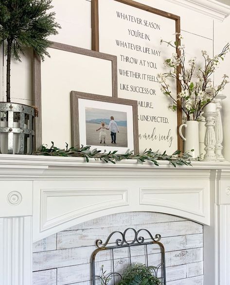 All Things Home • DIY on Instagram: “Hey friends!! Want some mantle styling ideas? I’m showing you 3 different ways I styled my mantle using these amazing frames from…” Stacked Frames On Mantle, Family Photos On Fireplace Mantle, Mantle Decor With Family Portrait, Family Picture Over Fireplace, Mantle Decor With Pictures Family Photos, Mantel Picture Display, Layered Pictures On Mantle, Layering Pictures On Mantle, Mantle Greenery Year Round