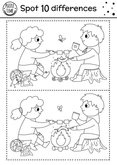 Camping find differences game for children. Black and white educational activity and coloring page with children sitting in front of the fire. Summer camp or road trip printable worksheet Find The Difference Pictures, Find The Differences Games, Toddler Printables, Occupational Therapy Kids, Summer Worksheets, Printable Games For Kids, English Activities For Kids, Activity Sheets For Kids, Game For Children