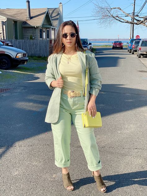 An ocean on how to style pastels colors.
Idea de cómo usar ropa  con colores pasteles. Sage Pants Outfit, Sage Green Blazer, Sage Pants, Green Blazer, Yellow Top, Pastel Yellow, Honeydew, Outfits Ideas, Pants Outfit