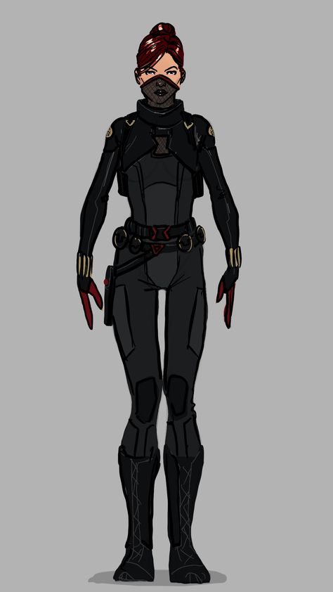 Black Widow (Comics) - Here I wanted to keep her general look, but with different break ups and pieces. Her mask is kinda a nod to her first look. The negative space between her leather armor and her sleeveless shirt makes the black widow symbol.  Also she needs her hair up for when she does missions. Black Supersuits Female, Black Widow Gadgets, Black Superhero Suit Female With Mask, Black Widow Oc Suit, Black Widow Assassin, Superhero Mask Design Female, Black Widow Redesign, Sleeveless Shirt Drawing, Female Superhero Outfits