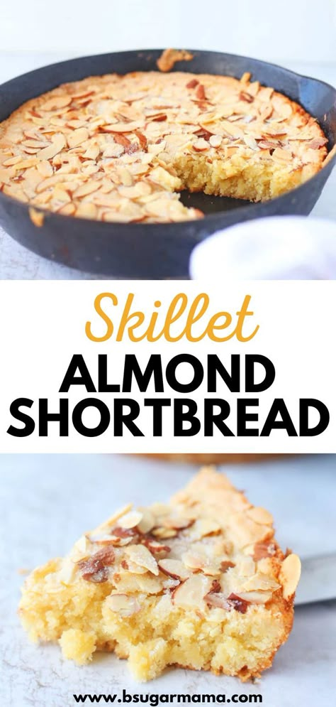 Skillet Almond Shortbread, Almond Skillet Cake, Whipped Shortbread Cookies Taste Of Home, Almond Shortbread Cookies Recipe, Date Shortbread Cookies, Basic Food Recipes, Sliced Almonds Recipes, Skillet Recipes Dessert, Rustic Desserts