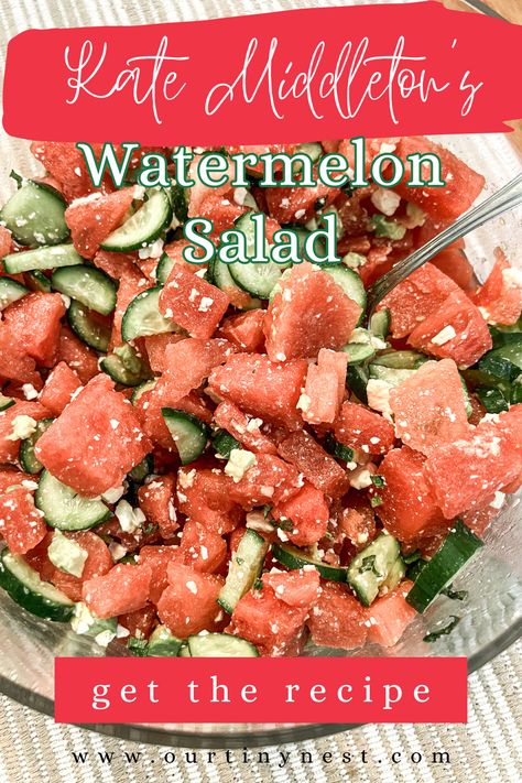 This is the recipe for Kate Middleton's Watermelon Salad. This is a refreshing and low calorie recipe that is perfect for the summer months. Watermelon and cucumber are paired with feta and avocado to make this a sweet and savory side dish you will be craving all summer long. Low Carb Summer Salads, Watermelon Side Dish, Feta And Avocado, Cold Sides, Low Calorie Recipe, Salad Watermelon, Healthy Bbq, Wls Recipes, Clean Eating Salads