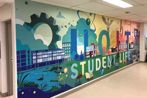 Student Life has proudly unveiled a new mural, a huge nine-by-three-metre, colourful creation designed to represent the diversity of the university’s programs and students. School Wall Art Ideas, Seni Mural, Doodle Wall, Office Mural, Mural Art Design, Office Wall Design, College Walls, Mural Paintings, School Wall Art