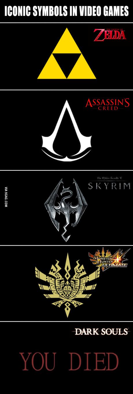 Iconic video game symbols Dark Souls You Died, Video Game Symbols, Video Game Logic, Video Game Memes, Gamer Humor, Video Games Funny, Gaming Memes, Geek Culture, Monster Hunter