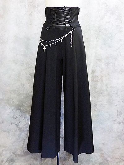 Moitie Wide Leg Corsetted pants. Goth Outfits Aesthetic Pants, Black Fantasy Pants, Gods Outfits, Corset Outfit Pants, Medieval Pants Women, Romantic Goth Pants, Victorian Pants Women, Witch Outfit With Pants, Medieval Gothic Fashion