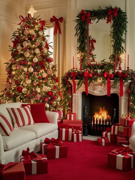 Red And Gold Christmas Decor Living Room, Christmast Party, Preppy Interior, Burgundy Christmas Decor, Christmas Fireplaces, Noel Decor, Christmas Decor Idea, Burgundy Christmas, Luxury Christmas Decor