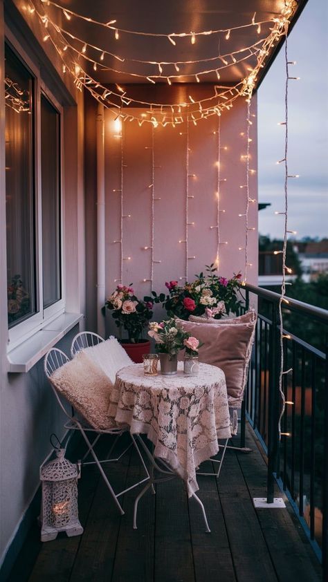 Cozy Balcony Lights, Fairy Lights On Balcony, Fairy Light Balcony, Balcony Lights String Ideas, Fairy Lights Balcony, Villa Illustration, Small Bistro Table, Fall Balcony, Romantic Balcony