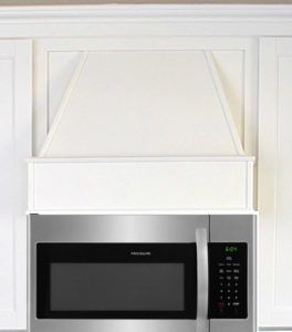 Idea for a non functioning hood above a microwave #rangehood #kitchenremodel #kitchenmakeover #diy Range Microwave Hood Ideas, Oven Hood Over Microwave, Diy Hood Above Microwave, Cabinet Over Microwave Ideas, Over Stove Microwave Ideas Range Hoods, Faux Hood Over Microwave, Range Hood Over Microwave, Hidden Microwave Above Stove, Microwave Hood Vent Ideas