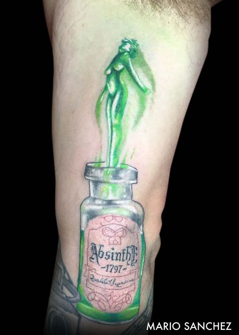 Color absinthe bottle tattoo with lady Aqua Tofana Bottle, Absinthe Tattoo, Tofana Tattoo, Aqua Tofana Tattoo, Genie Tattoo, Absinthe Bottle, Aqua Tofana, Green Fairy Absinthe, Absinthe Art