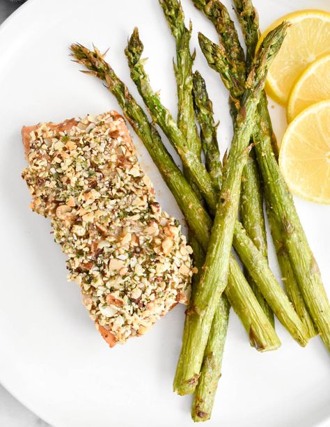 Almond Crusted Salmon - Herbs & Flour Almond Crusted Salmon, Roasted Summer Vegetables, Mediterranean Couscous Salad, Mediterranean Couscous, Greek Potatoes, Green Bean Salads, Almond Crusted, Healthy Salmon Recipes, Crusted Salmon