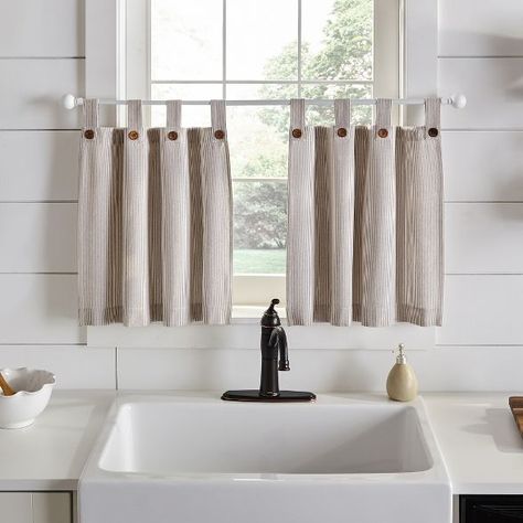 Farmhouse Cafe, Kitchen Window Curtains, Elegant Bath, Tab Curtains, Modern Farmhouse Home, Tier Curtains, Small Windows, Cafe Curtains, Ticking Stripe