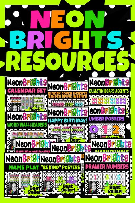 Neon Brights Classroom Decor products including posters, banners, math resources, labels, numbers, bulletin board supplies and more! Glow Classroom Theme, Neon Bulletin Board Ideas, Neon Classroom Decor, Brights Classroom Decor, Neon Classroom, Word Wall Headers, 5th Grade Graduation, Reading Night, Birthday Bulletin Boards