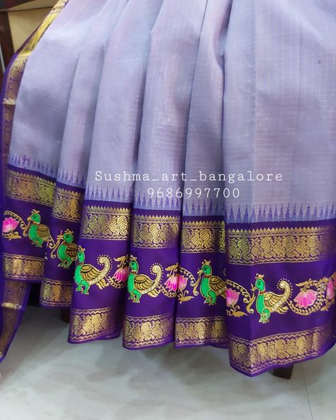 Tanjore Painting On Dresses, Painting Ideas For Sarees, Painting On Saree Design, Tanjore Painting On Sarees, Hand Painted Sarees Boutiques, Painting Sarees Design, Painting On Saree, Painting Sarees, Blouse Painting