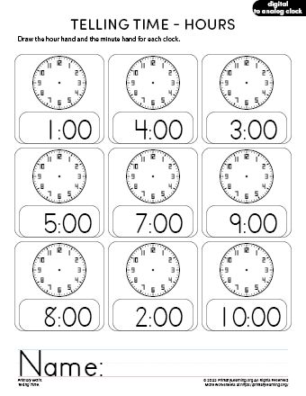 For this printable telling time worksheet, kids read the time and then draw the hour and minute hands that match the time. This worksheet gives hands-on practice telling time to the hour. Printing options: color lines and black lines. Recommended Workbook Introduction to Telling Time In Ordinal Numbers Kindergarten, Clock Worksheets, Word Family List, Telling Time To The Hour, Telling Time Practice, Learn To Tell Time, Time To The Hour, Telling Time Worksheets, Free Kindergarten Worksheets