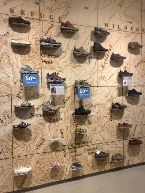 Bicycle Cafe, Shoes Display, Shoe Store Design, Hiking Store, Cargo Container House, Retail Store Display, Modern Store, Columbia Shoes, Hanging Display