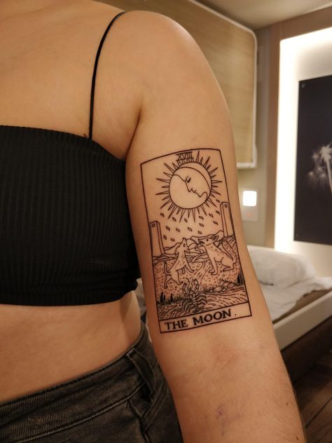 The Moon Card Tattoo, Tarot Tattoo Moon, Tarot Card Tattoo Placement, The Moon Tattoo Tarot, Sun And Moon Tarot Card Tattoo, Tattoo Ideas Tarot, The Moon Tarot Card Tattoo, Moon Tarot Tattoo, Peaceful Tattoos