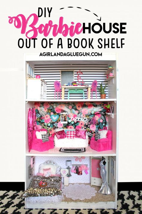 Barbie House out of a cheap bookcase! - A girl and a glue gun Cute Bedspreads, House Bookshelf, Cheap Bookcase, Cheap Bookshelves, Barbie Organization, Cubby Shelves, Diy Barbie House, White Bookshelves, Secret Storage