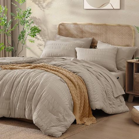 Amazon.com: CASAAGUSTO California King Comforter Set, 7 Pieces Beige Seersucker Bed in a Bag Soft All Seasons, Cal King Bedding Sets with Comforter, Flat Sheet, Fitted Sheet, 2 Pillow Shams, 2 Pillowcases : Home & Kitchen King Bedding, Cal King Bedding, Soft Comforter, Bed In A Bag, King Comforter Sets, King Bedding Sets, Queen Comforter Sets, Queen Comforter, King Comforter