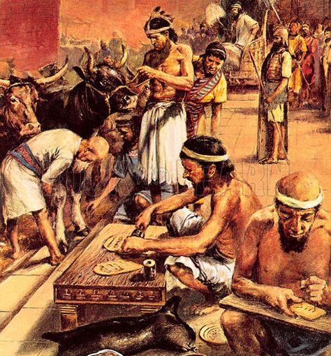 A clay tablet maker and cuneiform scribe recording a cattle sale in a Sumerian market place about 3000 B.C. by Neville Dear Sumerian People, Rivers Of Babylon, Clay Tablet, Ancient Babylon, Ancient Sumerian, Epic Of Gilgamesh, Cradle Of Civilization, Bible Movies, Learn History