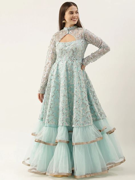 Buy EthnoVogue Women Sea Green Sequinned Embellished Made To Measure Layered Bridal Maxi Dress - Dresses for Women 13340990 | Myntra Long Gown Design, Lace Dress Design, Layered Style, Long Dress Design, Girls Frock Design, Fancy Dresses Long, Beautiful Dress Designs, Designer Party Wear Dresses, Lace Outfit