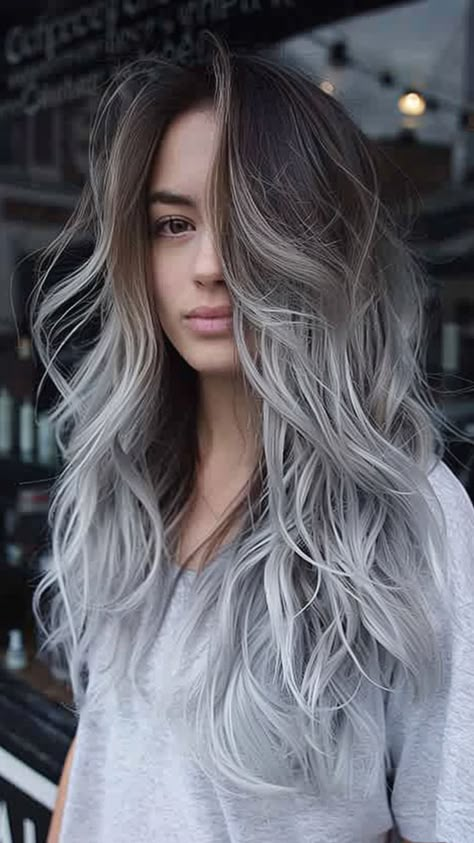 Gray Hair With Dark Roots, Silver Purple Hair Balayage, Brown To White Hair, Grey Balayage Hair, Purple And Silver Hair, Gray Hair Balayage, Purple Silver Hair, Ash Gray Balayage, Grey And White Hair