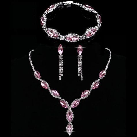 Pink Crystal Engagement Wedding Jewelry Sets | Bridelily Indian Gold Jewellery Design, Crystal Bridal Jewelry Sets, Pink Jewelry Set, Crystal Wedding Jewelry, Long Tassel Necklace, Headpiece Jewelry, Fashion Jewelry Sets, Classy Jewelry, Pink Jewelry