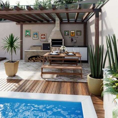 Jardin : 20 idées pour aménager un coin barbecue Pool House With Outdoor Kitchen, Terrasse Design, Wood Pergola, Pergola Design, Terrace Design, Pergola Plans, Swimming Pool Designs, Pergola Designs, Small Backyard Pools