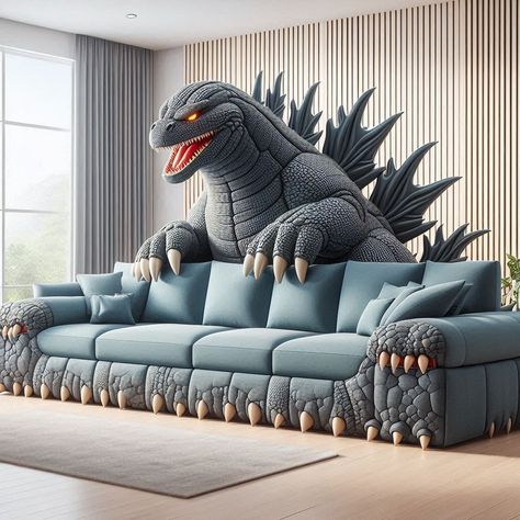 Godzilla shaped sofa Godzilla Decorations, Crazy Furniture, Future Furniture, Luxury Yacht Interior, Unusual Furniture, Creepy Stuff, Shaped Sofa, Yacht Interior, Clay Diy Projects