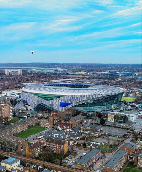 Drone shot of white hart lane, home ground of Tottenham Hotspurs FC Tottenham Hotspur Stadium, Football Ground, White Hart Lane, White Hart, Drone Shots, North London, Tottenham Hotspur, Dream Destinations, Paris Skyline