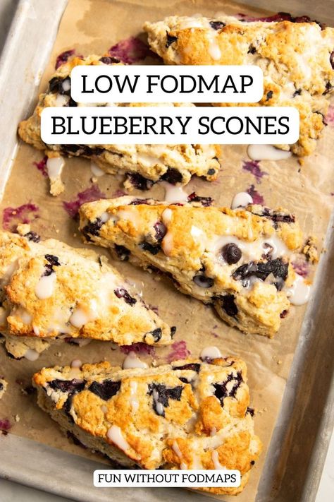 Start your day with fruit-filled low FODMAP blueberry scones! Perfect for breakfast or brunch, these scrumptious gluten-free baked goods are topped with a sweet lemon glaze. Ready in 1 hour with just 11 ingredients. #lowfodmap Low Fodmap Scone Recipes, Quick Low Fodmap Breakfast, Low Fodmap Egg Bites, Low Fodmap Brunch, Low Fodmap High Protein Recipes, Low Fodmap Muffins, Low Fodmap Breakfast Recipes, Fodmap Sweets, Low Fodmap Breakfast