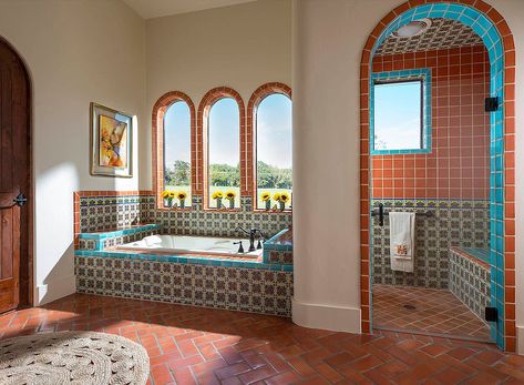 Terracotta tiles bring warmth, color and classic appeal to the bathroom [From: Astleford Interiors] Southwestern Bathroom, Spanish Style Bathrooms, Spanish Bathroom, Primary Bathroom, Mediterranean Home Decor, Spanish Style Homes, Mediterranean Home, Spanish House, Dream Bathrooms